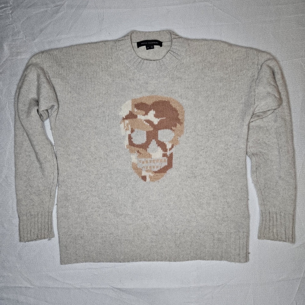Skull Cashmere Sweater Womens Medium Gray With Beige Skull Wool Cashmere Blend - Picture 2 of 7